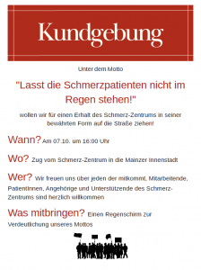 Isabell Rahms bei der Kundgebung in Mainz für den Erhalt des Schmerz-Zentrums unter dem Motto „Lasst die Schmerzpatienten nicht im Regen stehen!“