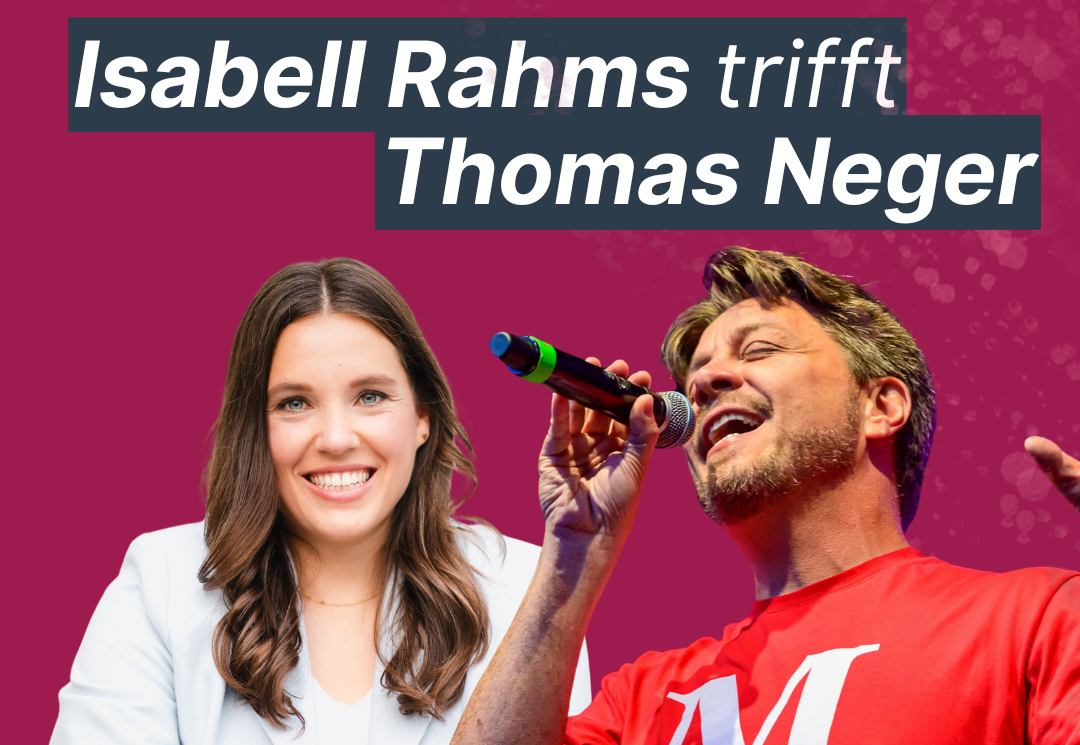Rotes Plakat zur Fastnacht Mainz 2025: Isabell Rahms trifft Thomas Neger. Veranstaltung „Helau & Humba“ am 6. November 2025 in Deisters Weinbar Mainz.