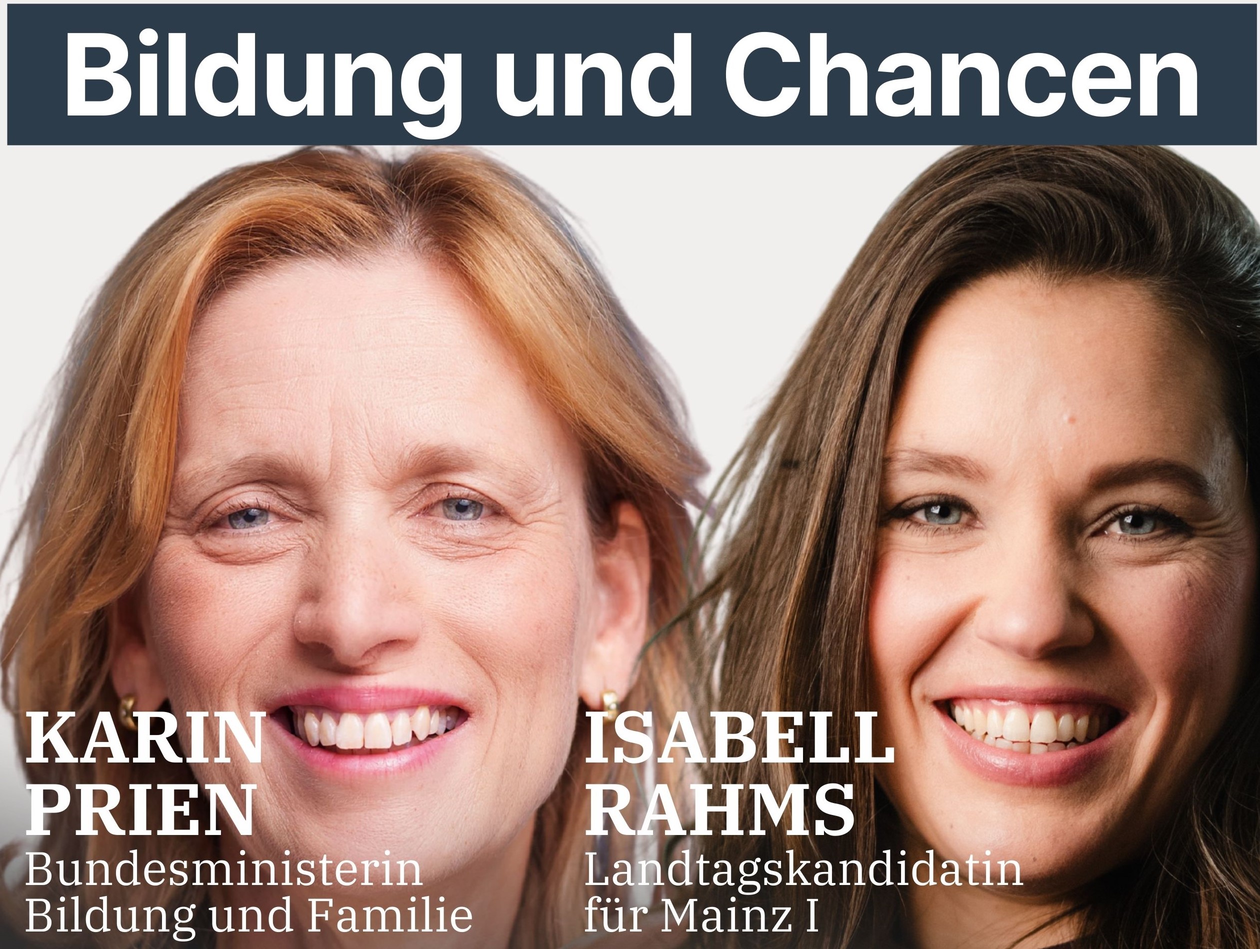 Das Bild zeigt Karin Prien, Bundesministerin für Bildung und Familie, gemeinsam mit Isabell Rahms, Landtagskandidatin für Mainz I, beim Besuch mehrerer Mainzer Bildungseinrichtungen am 9. Januar 2026. Im Mittelpunkt stehen Bildung, Chancengerechtigkeit und die Zukunft von Schulen und Familien in Mainz.
