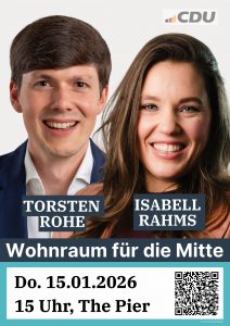 Plakat zur Veranstaltung „Wohnraum für die Mitte“ in Mainz am 15. Januar 2026 mit Isabell Rahms und Torsten Rohe, Baustellenrundgang und Expertenpodium im THE PIER mit Roman Becker, Geschäftsführer der Mainzer Wohnbau GmbH.