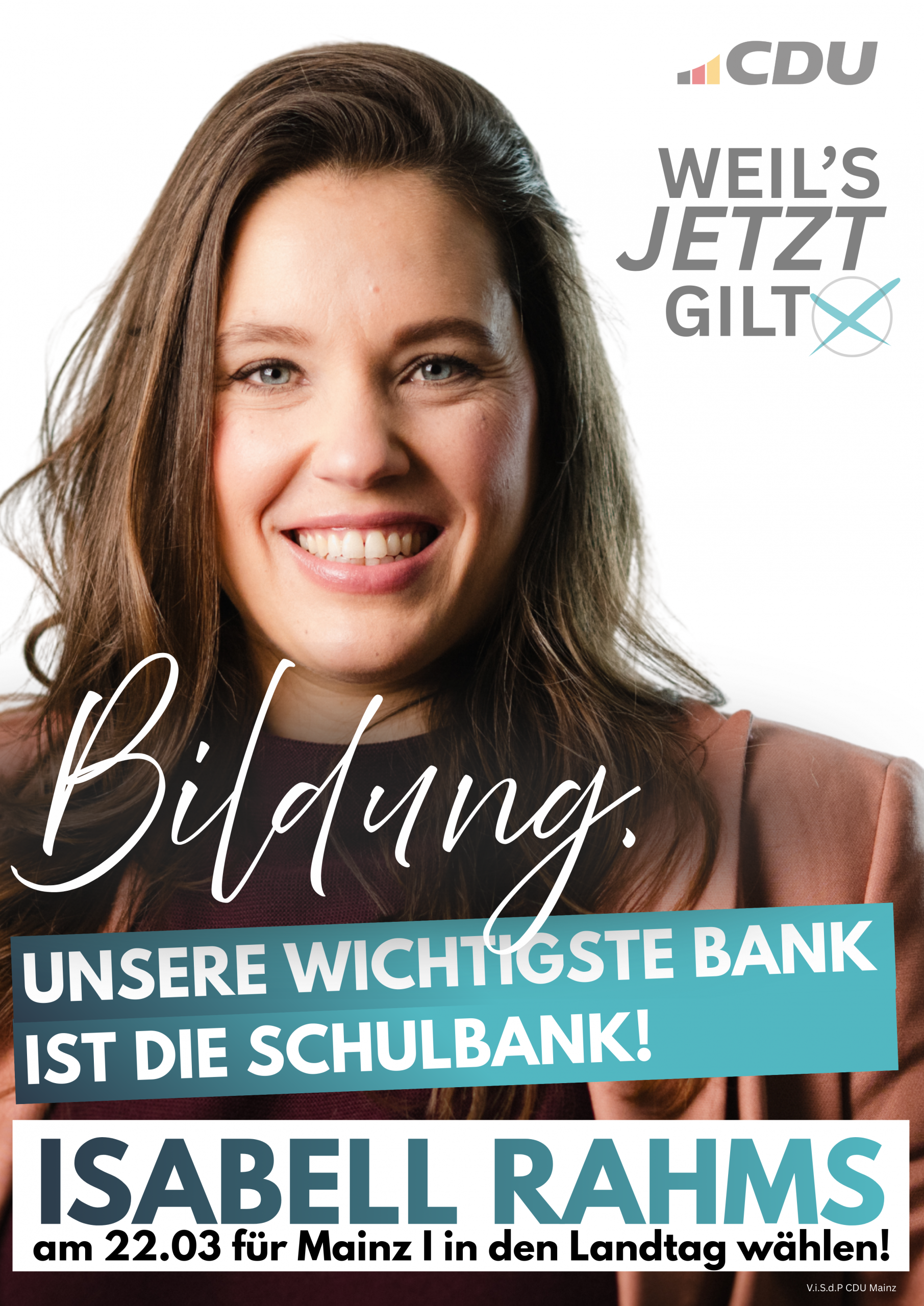 Isabell Rahms, CDU-Landtagskandidatin Mainz I in Rheinland-Pfalz, steht für Bildungspolitik unter dem Motto „Unsere wichtigste Bank ist die Schulbank“.